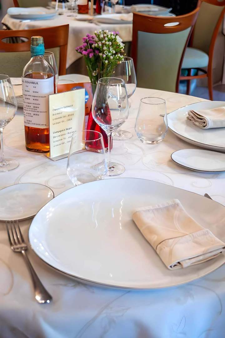 Table de restaurant dressée avec couverts, Vouneuil-sous-Biard